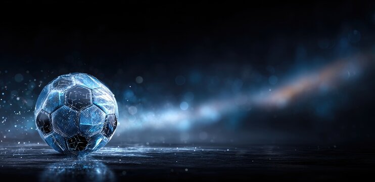 Futuristic blue soccer ball rests on a dark, reflective surface with a blurred, smoky background suggesting motion and speed - Powered by Adobe