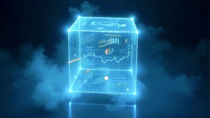 Futuristic holographic data cube with graphs and analytics floating in a misty digital environment - Powered by Adobe