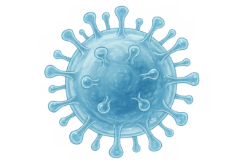 Microscopic coronavirus cell, light blue hue, protruding spikes against transparent backdrop