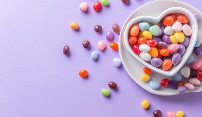 Heart-shaped bowl of colorful jelly beans, scattered candies on a purple background