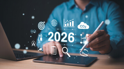 Naklejka premium Futuristic 2025 Digital Business Concept with Floating Holographic Icons and Symbols