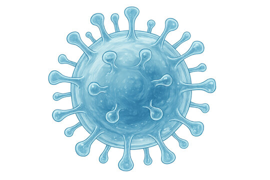 Microscopic coronavirus cell, light blue hue, protruding spikes against transparent backdrop