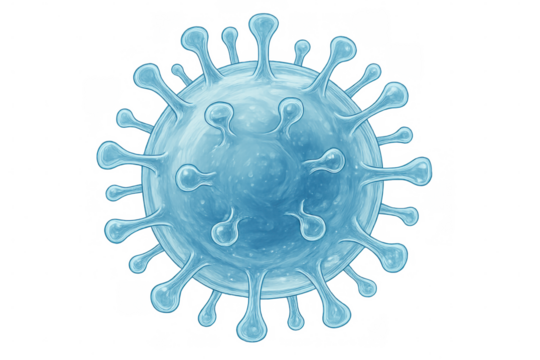 Microscopic coronavirus cell, light blue hue, protruding spikes against transparent backdrop