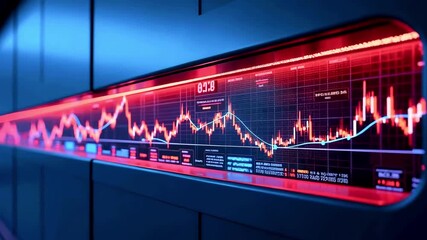 Futuristic stock market display showing fluctuating graphs and data in a high-tech environment - Powered by Adobe
