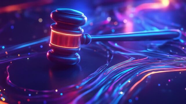 A gavel rests on a dark surface with glowing neon lines and bokeh lights
