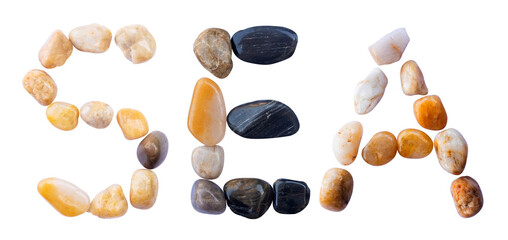 SEA word is made of stone with a white background. The creative shapes of the letters of the alphabet are arranged with stones.