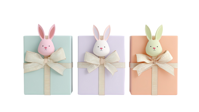 Three pastel-colored gift boxes, each topped with a stylized rabbit