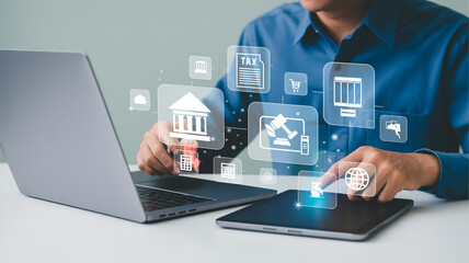 Fototapeta premium Digital Illustration of Business Person Managing Tax and Financial Tasks with Laptop and Tablet