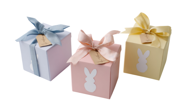 Three pastel-colored gift boxes, adorned with ribbons and rabbit silhouettes