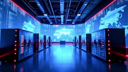 Modern data center with illuminated server racks and digital world map projection in the background - Powered by Adobe
