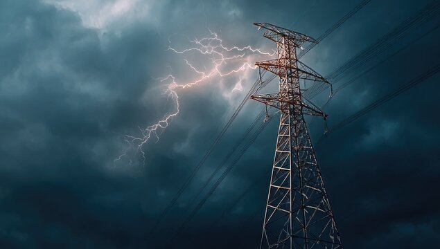Stormy weather, power lines, and a tall metal tower