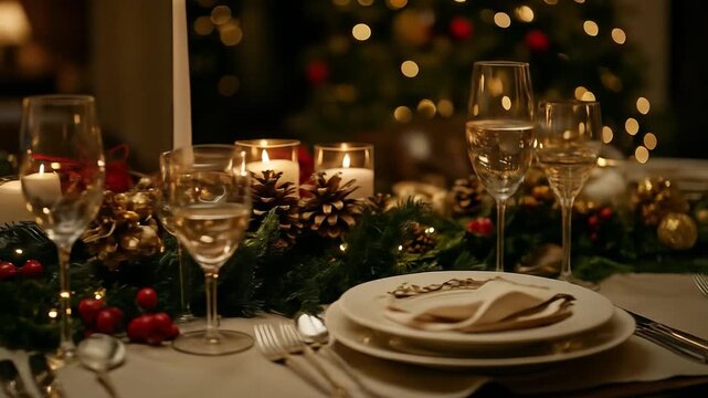 Festive table setting with champagne candles and Christmas decor