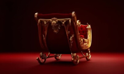 Ornate gilded sleigh with red velvet interior on a red surface - Powered by Adobe