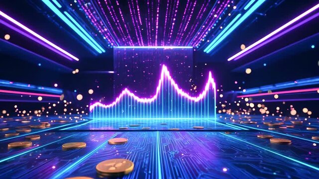Vibrant digital financial graph visualization with glowing lines and coins scattered on a circuit board