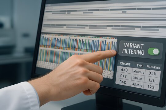 A doctor examining and interacting with a computer screen displaying data related to variant filtering - Powered by Adobe