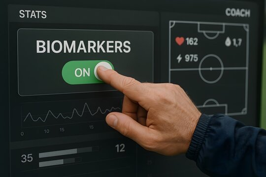 A hand turns on a switch labeled BIOMARKERS on a digital screen, with football data