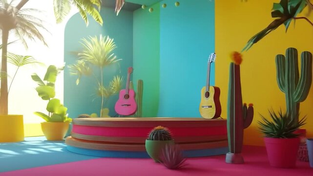 Two acoustic guitars stand on a vibrant multicolored stage with potted plants and cacti