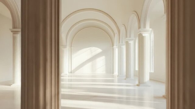 White neoclassical columns and arches in a bright hall