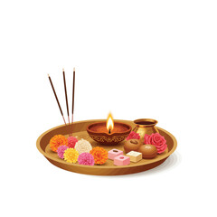 Traditional Indian Pooja Thali with Flowers Sweets Diya and Incense Sticks