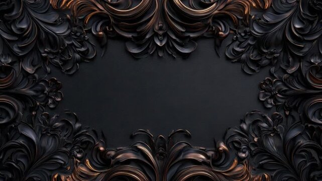 Embellished black and gold frame with intricate design elements for artwork.