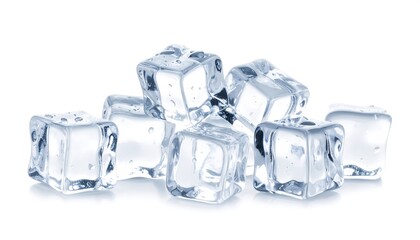 Ice cubes clustered on white background