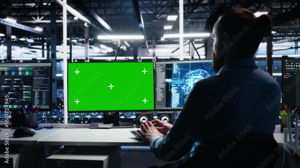 Poster data center engineer managing ai systems for uptime and efficiency using mockup pc. it professional 