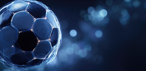 Glowing blue soccer ball against a blurred blue background, highlighting its polygonal structure and illuminated seams