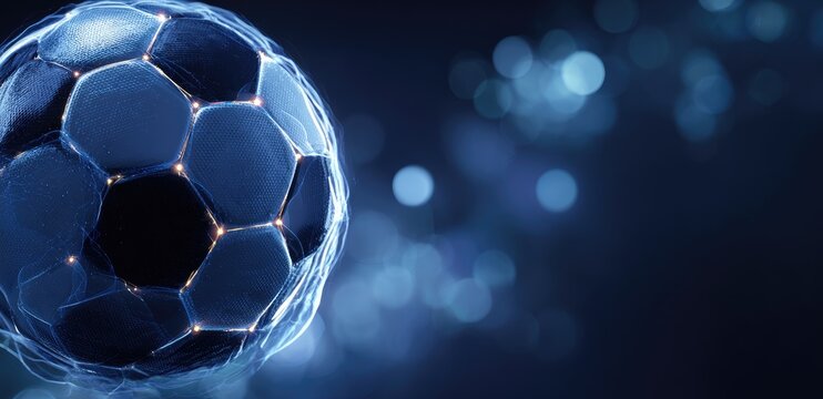 Glowing blue soccer ball against a blurred blue background, highlighting its polygonal structure and illuminated seams