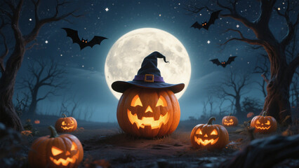 A hauntingly whimsical Halloween scene under a full, glowing moon that casts an eerie light over the landscape. Halloween, Halloween Costumes, Halloween Background, Happy Halloween