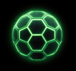 Fototapeta premium Glowing green hexagonal soccer ball on black background, emitting a soft light