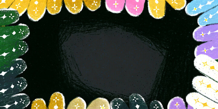 Colorful crayon border with yellow, green, pink, blue, and purple hues creates a playful frame, perfect for adding a whimsical touch to designs.