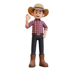 3D male farmer character gives an okay hand sign