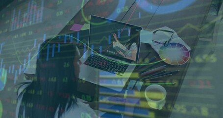 Student powering on laptop and copying notes while following math lesson, animated graphs drifting - Powered by Adobe