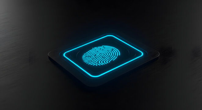 Glowing blue fingerprint icon on dark background