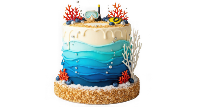 Ocean themed cake with coral and diving mask isolated on transparent background