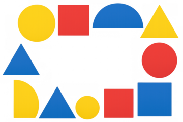 Primary colored geometric shapes forming a frame on a transparent background, ideal for educational or design projects