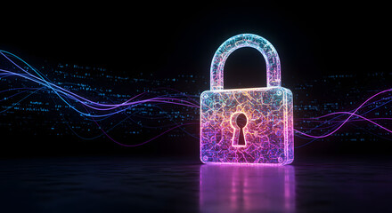 Digital padlock with neon lines and data stream