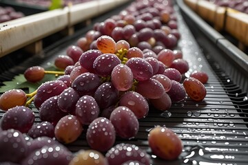 Fresh Red Grapes on a Conveyor Belt for Processing