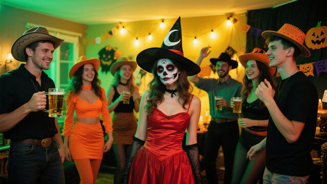 A lively Halloween party scene featuring a group of friends dressed in festive costumes, celebrating with joy and laughter. Halloween, Halloween Costumes, Halloween Background, Happy Halloween