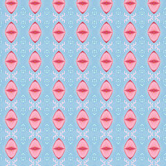 Seamless pink eye-shaped motifs with white tribal details on soft blue background. Elegant watercolor symmetry. Golden keywords: seamless, tribal, pink, pattern, watercolor.