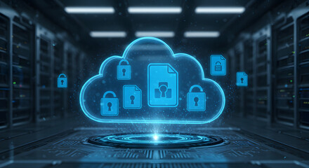 Cloud security concept with lock and file icons in server room