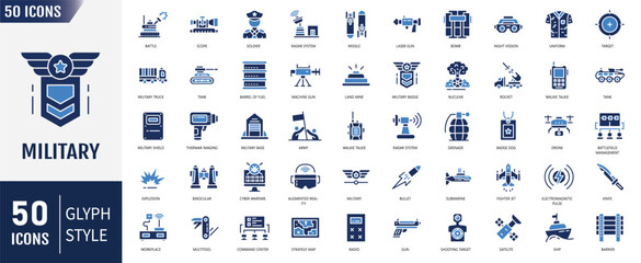 Military flat icon set. Containing Military Equipment, tools, aids, appliances and more. Vector illustration
