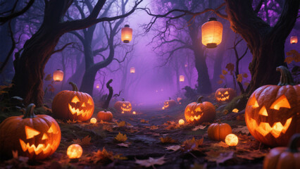 Fototapeta premium A mystical Halloween forest scene with glowing jack-o'-lanterns scattered across the ground. Halloween, Halloween Costumes, Halloween Background, Happy Halloween