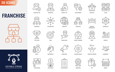 Franchise Line Editable Icons Set. Containing franchisee, license, royalties, chain, expansion, and more. Vector illustration