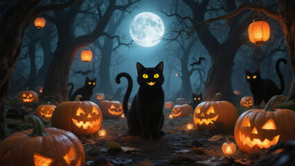 Fototapeta premium A mystical Halloween scene set under a luminous, full moon that casts an ethereal glow over the dark forest. Halloween, Halloween Costumes, Halloween Background, Happy Halloween