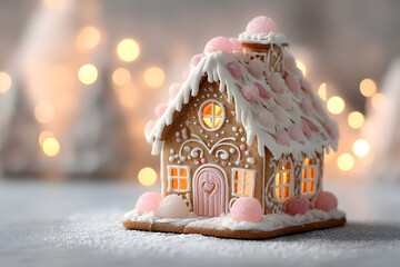 Festive gingerbread house decorated with icing and pink candy sits on a snowy table with warm christmas lights in the background
