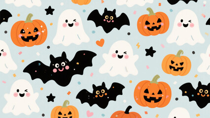 Fototapeta premium A playful and whimsical Halloween pattern featuring a seamless arrangement of cute, friendly characters. Halloween, Halloween Costumes, Halloween Background, Happy Halloween