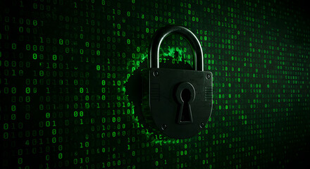 Padlock overlayed on green binary code