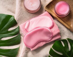  Pink Under Eye Masks on Soft Towel with Tropical Leaves jpg