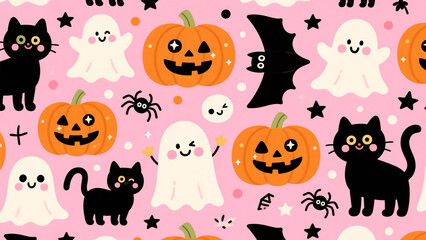 Naklejka premium A playful and whimsical Halloween pattern featuring a seamless arrangement of cute, spooky elements on a soft pink background. Halloween, Halloween Costumes, Halloween Background, Happy Halloween